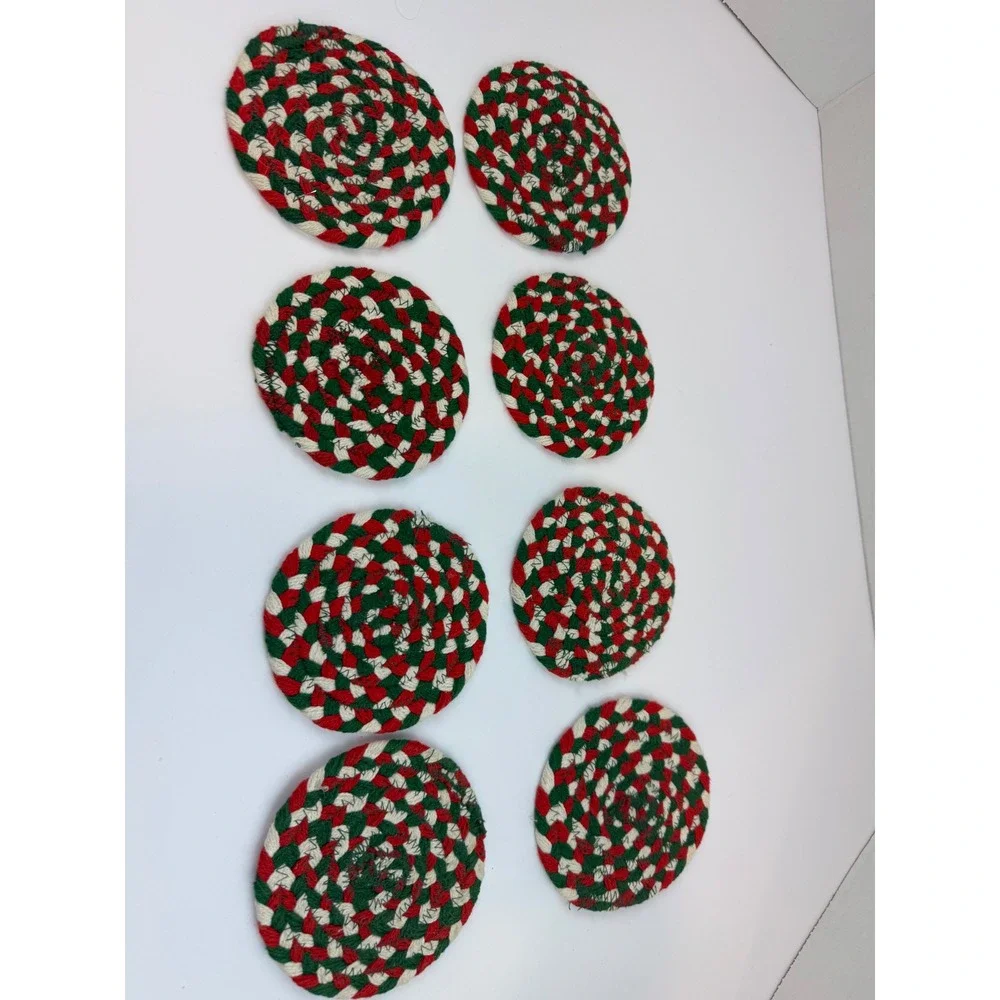 Vintage Set of 8 Christmas Braided Yarn Coasters Red Green White Holiday